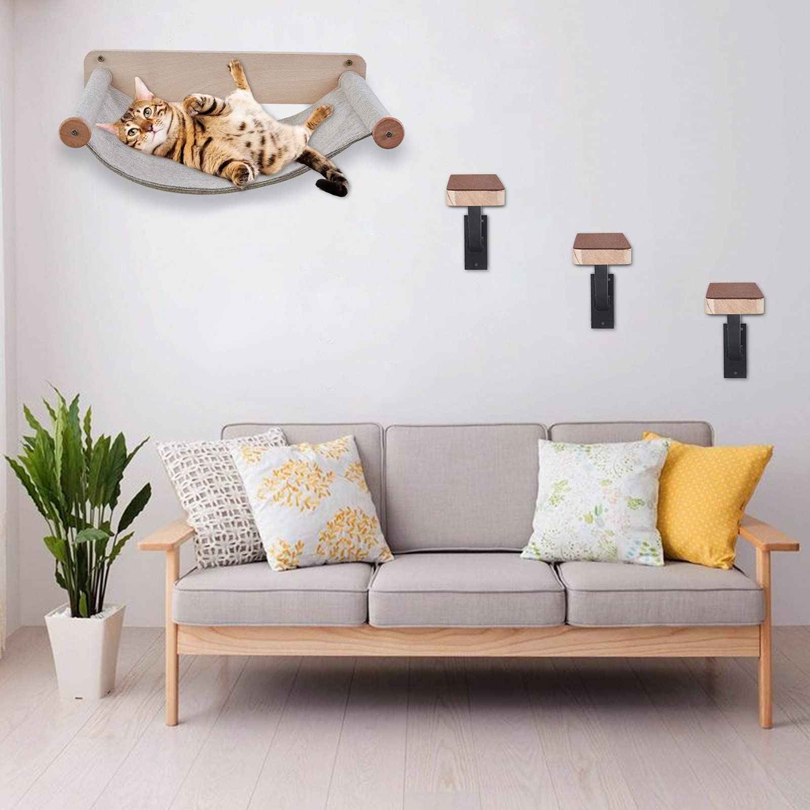 Purife Set of 3 Wood Cat Wall Climbing Steps Cat Wall Ladder Stairs