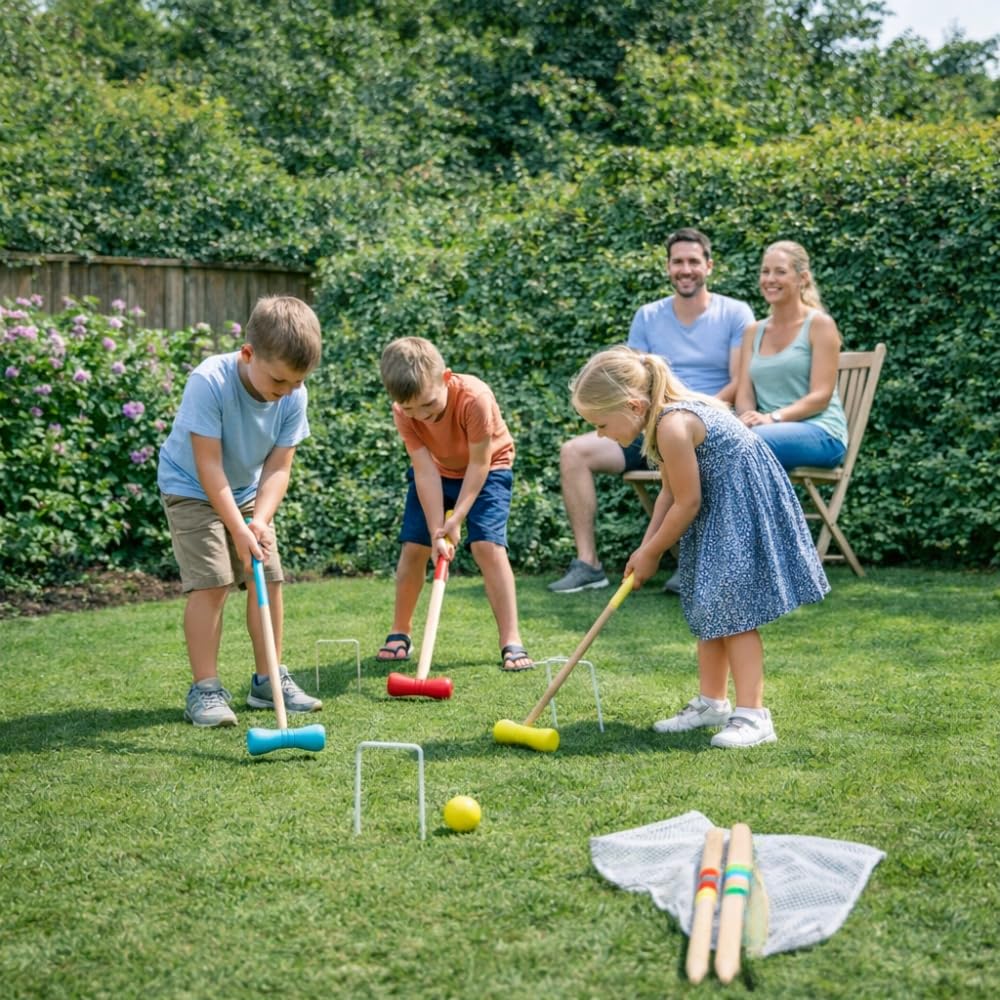 Jeu de Croquet en Bois pour 4 Joueurs, avec Maillets, Boules, Arceaux Métalliques et Filet de Rangement, Jeu de Jardin