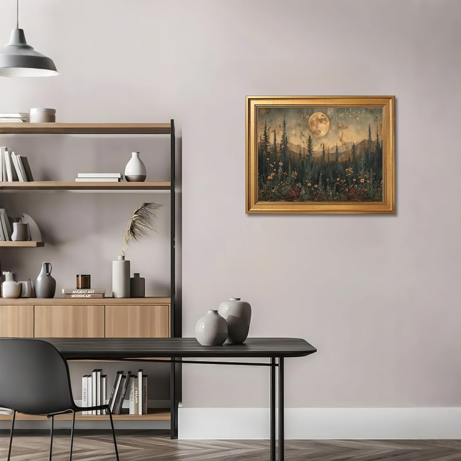 Vintage Nature Forest Wall Art Canvas Print Dark Moon Landscape Painting Woodland Wildflowers Picture Artwork Natural Scenery for Farmhouse Bedroom Living Room Wall Decor 24x36inch Golden frame