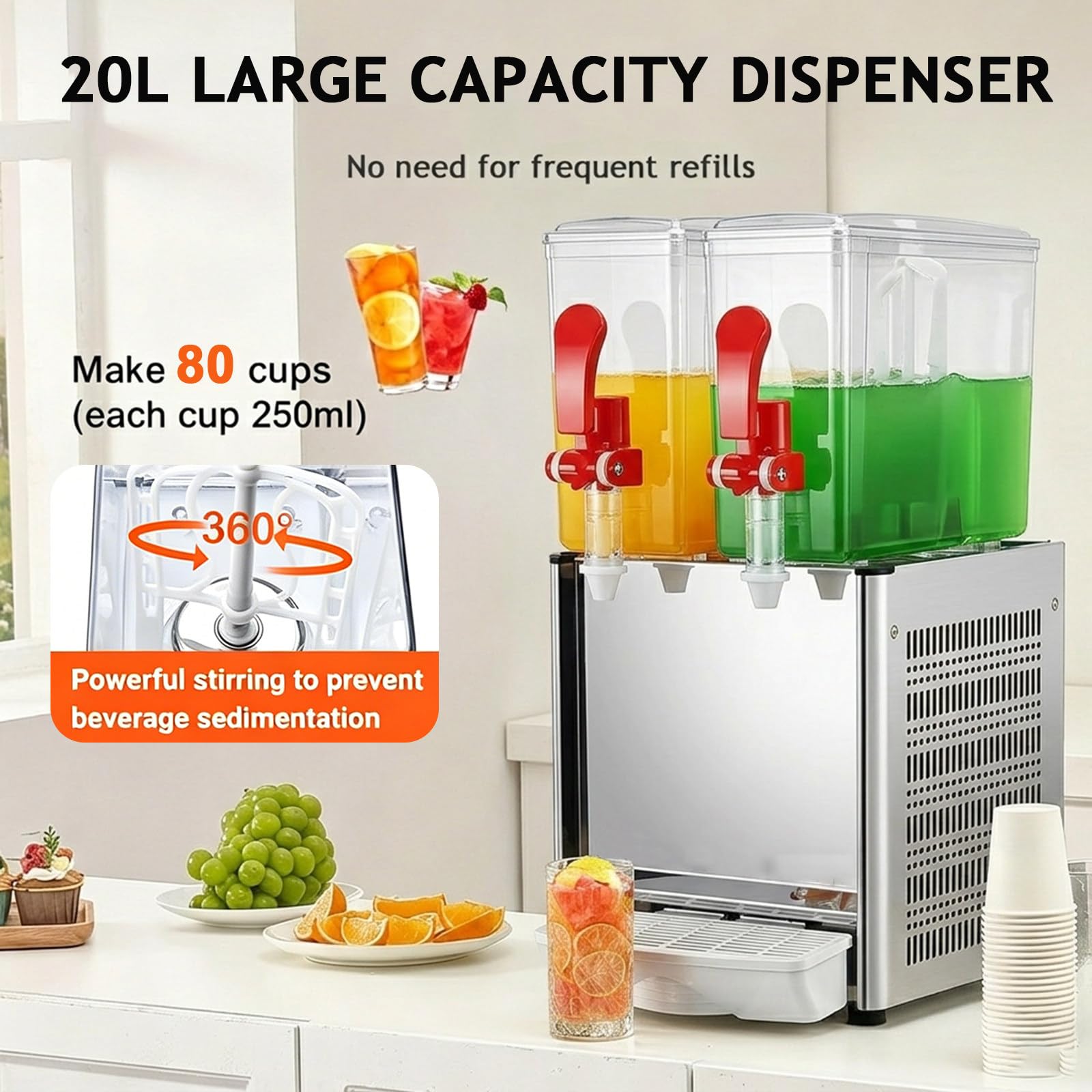 Distributore commerciale di succhi con termostato, dispenser per bevande in acciaio inox, per caffè, ristorante, bar, tè freddo e bevande fredde, 5 galloni