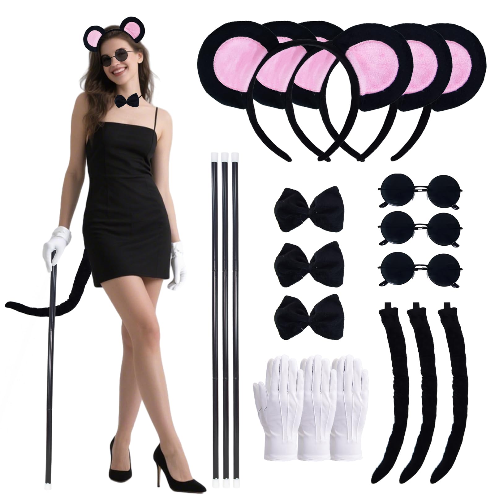 3 Set Mice Costume Accessories, Plush Mouse Ears & Tail Blind Cane Sunglasses Bow Tie Gloves for Women Family Halloween Party, Black, Standard