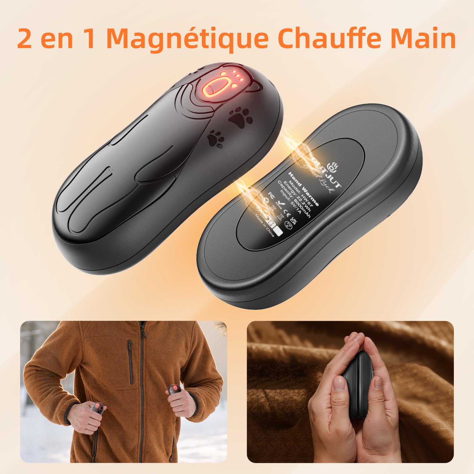 Chauffe Main Rechargeable 12000mAh, 2 en 1 Chaufferette Main Reutilisable, Magnétique Chauffe-Main, 3 Niveaux de Chauffe, Cadeau d'hiver, Idéal pour Camping, Ski et Autres Sports de Plein Air
