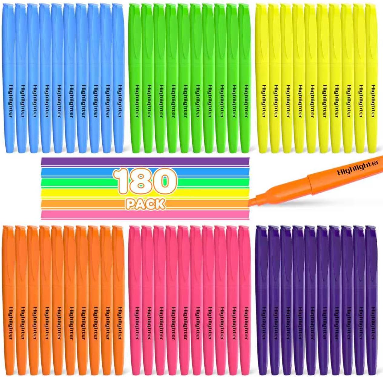 180 Pack Highlighters Assorted Colors Bulk - Chisel Tip No Bleed Dry-Quickly Markers Set for Office Classroom Supplies, Back to School Gifts for Students Teachers