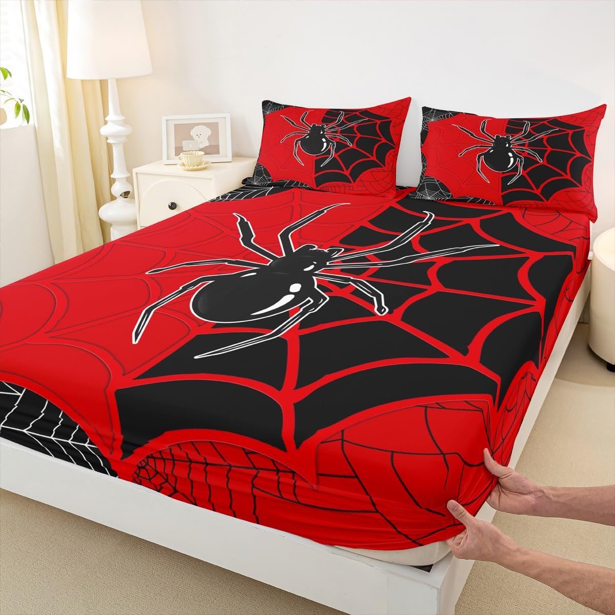 Parure de lit avec drap-housse noir motif toile d'araignée pour enfants