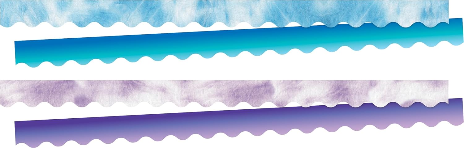 Barker Creek Double-Sided Scalloped Border, 4/Set, Blue & Purple Tie-Dye, Decorate with 156' of Scalloped Border, Coordinating Designs Printed On Both Sides for Twice The Value, 2.25" x 156' (4359)