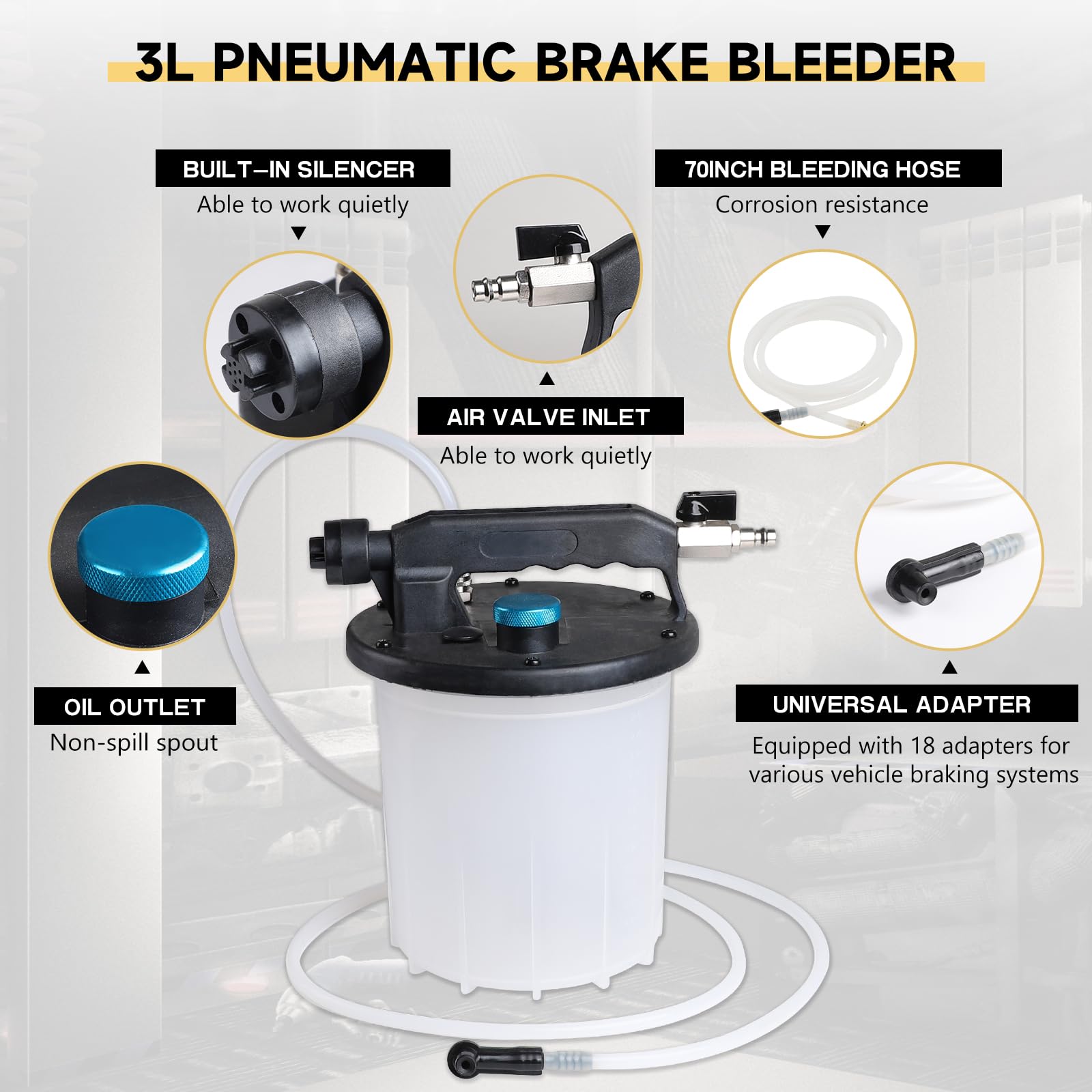 lalago 3L Purgador Frenos Coche Aire Comprimido, Equipo de Purga de Frenos Kit con 1L Dispensador, Cambio Liquido Frenos Brake Bleeder Kit