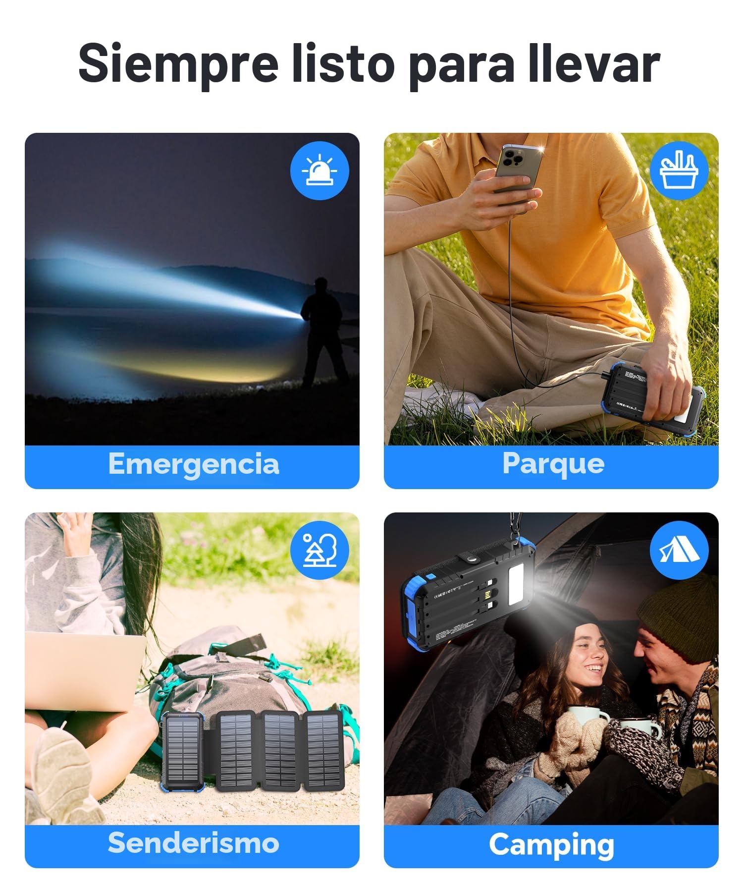Cargador Solar de 26800mAh con 4 Paneles Solares, USB C 15 W Carga Rápida, 5 Salidas y 3 Cables, Power Bank Solar para Exteriores con Mosquetón y Linternas para Camping, Teléfonos y Tabletas