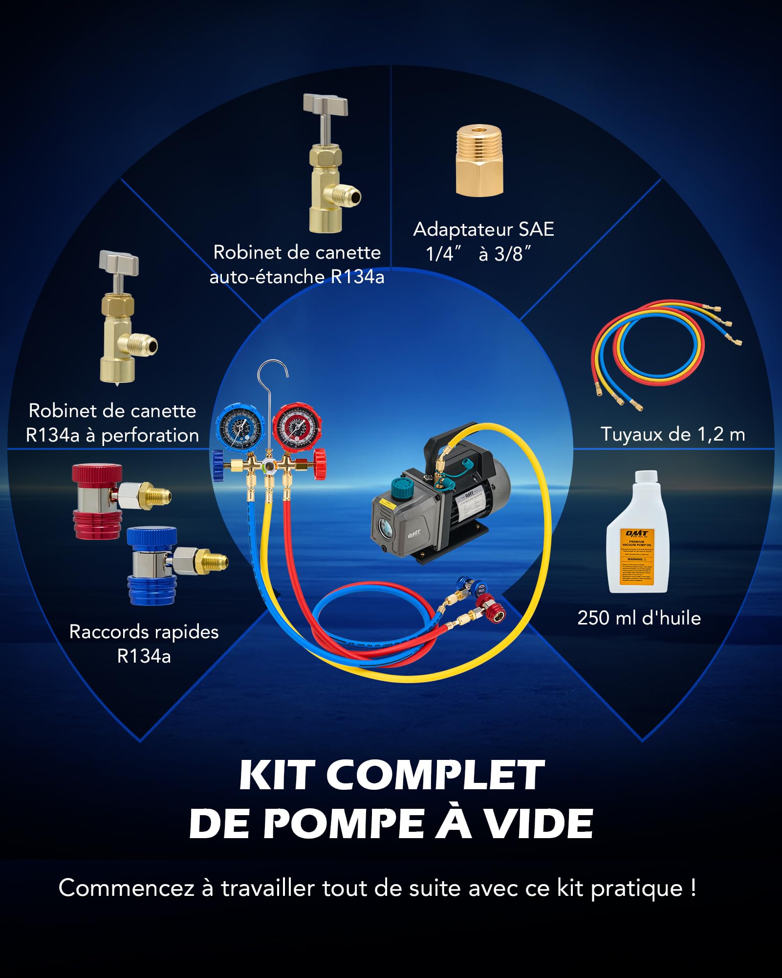 Orion Motor Tech Pompe à Vide Climatisation 186W 100 L/Min Pompe à Vide Frigoriste Kit de Recharge Climatisation Voiture avec Tuyau Jauge Adaptateurs pour Systèmes Auto HVAC R134a R12 R22 R502