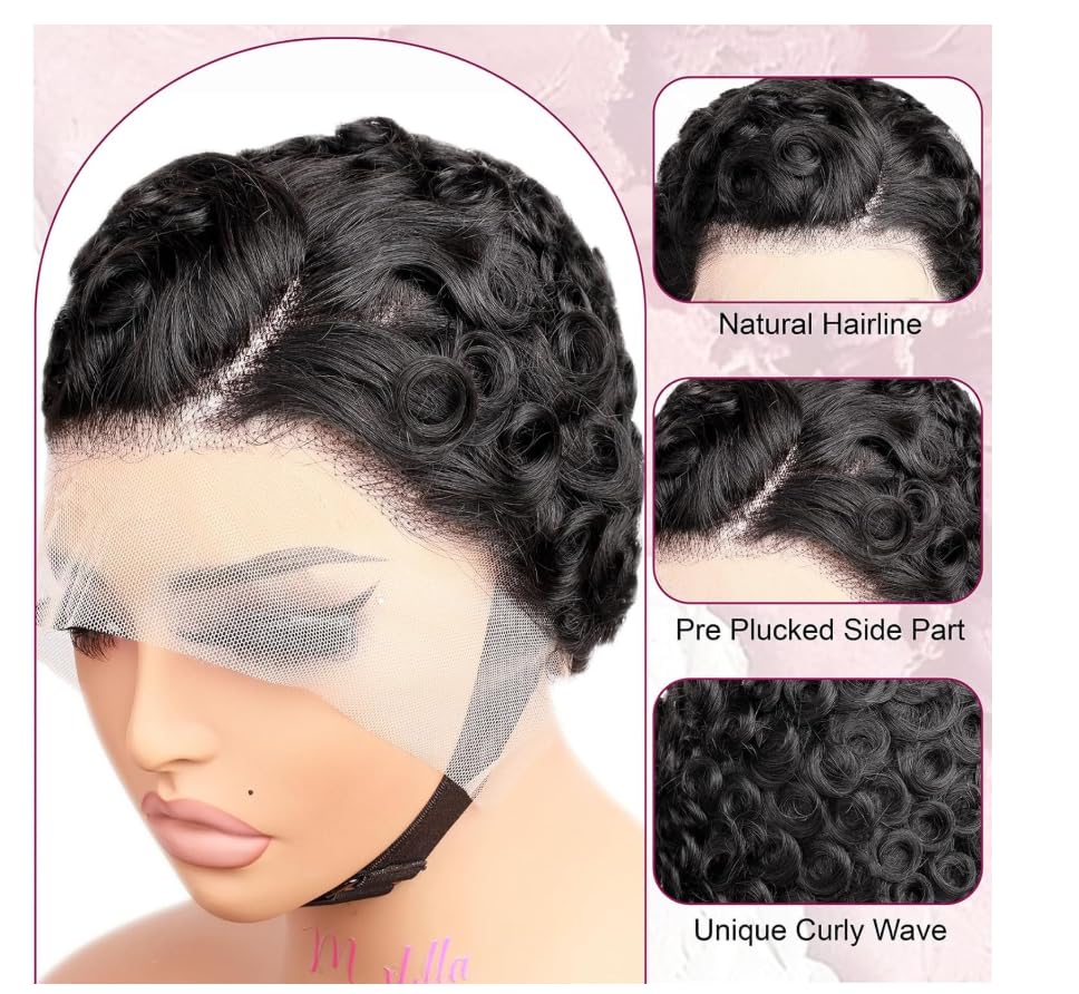 Condition photo showing As Is for short curly pixie cut lace front wigs remy human hair for women 13x4 hd lace frontal wig short curly finger wave human hair wig wavy layered pixie cut wig glueless wigs with bang 1b