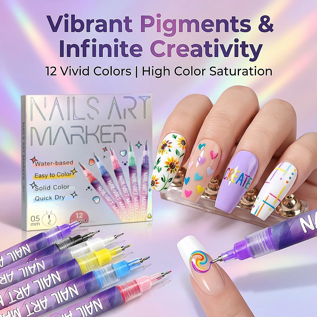 Penne per Nail Art 3D a Punta Fine, 12 Colori 0.5MM - Pennarelli per Unghie Penna Punta Graffiti Pennello per Disegno Puntinatura per Casa Salone per una Rapida Nail Art Fai da Te