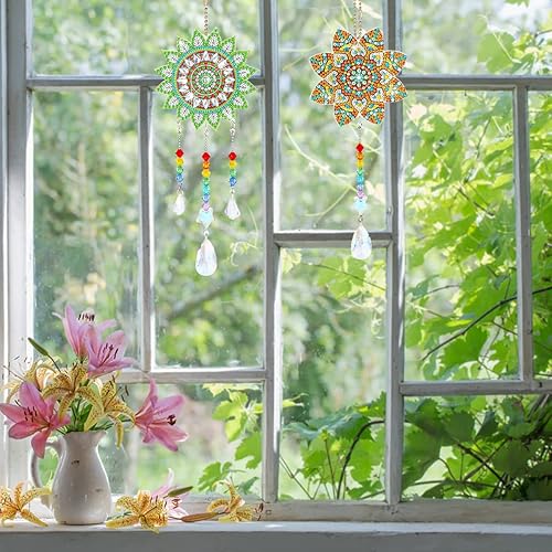 Miniatura 2 de AFUNTA 4 piezas de pinturas de arte de diamantes kits de atrapasoles 5D pinturas de arte de diamantes de imitación de viento llaveros de doble cara