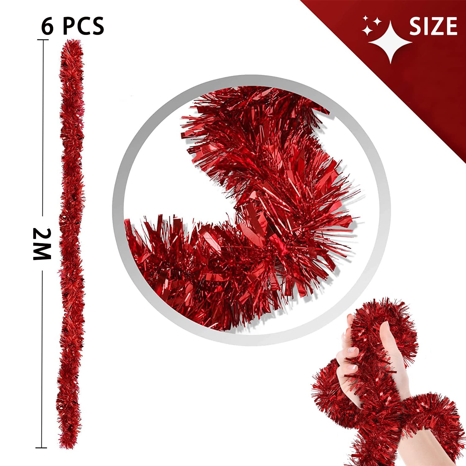 6 stuks kerstslingers, lametta slinger, metallic slinger, glinsterende hangende decoratie voor kerstboom, krans, bruiloft, feest (wit