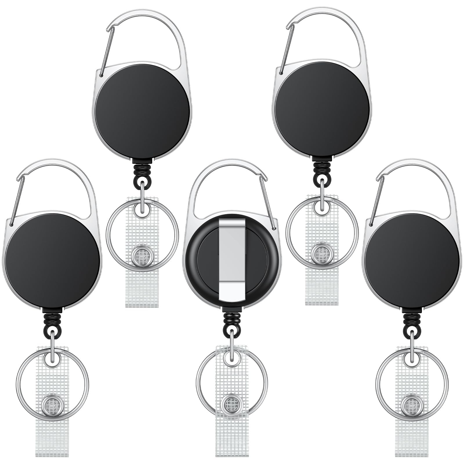 Uniclife 5 Pack Retractable Keychain, Retractable Badge Reel, Heavy Duty Badge Holder Clip for Keys and ID Card, Black Key Chain Extender with Carabiner Belt Clip and Key Ring