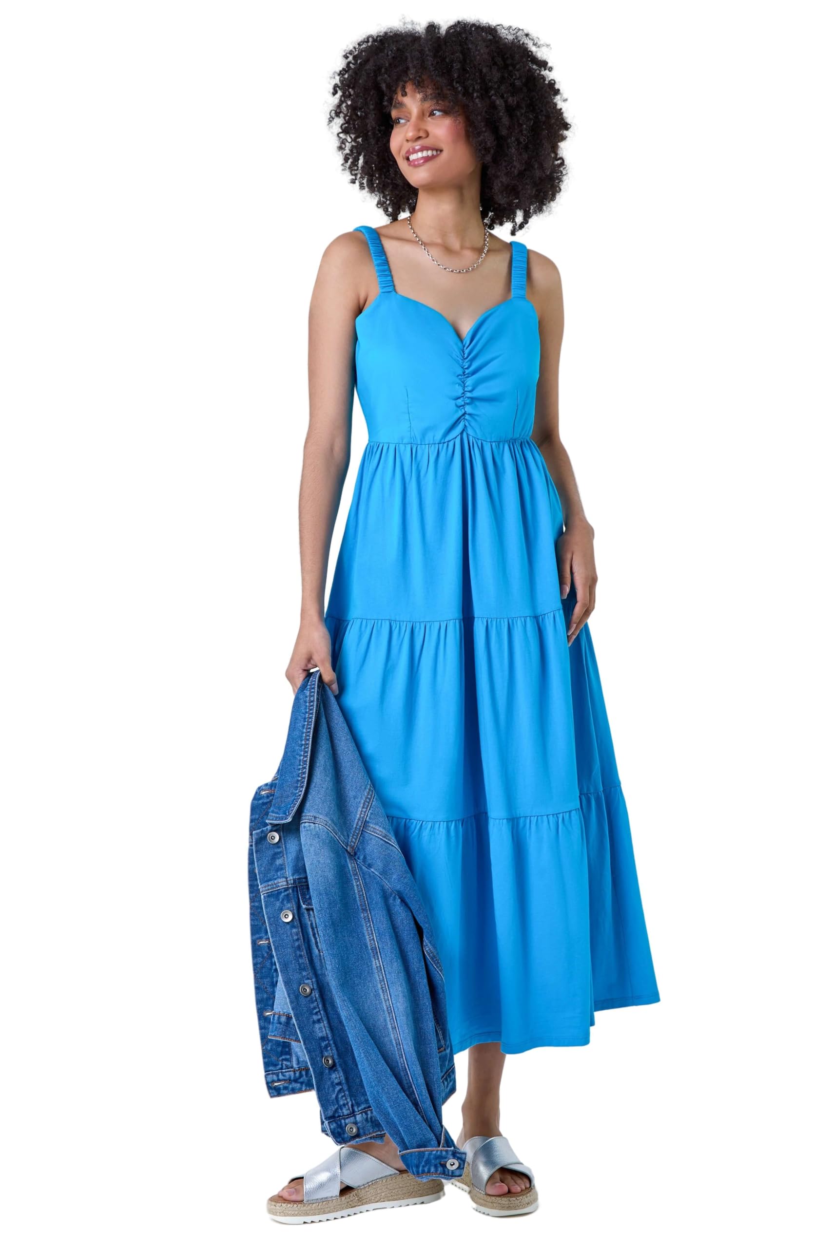 Roman Originals Women's Turquoise Cotton Strappy Tiered Midi Dress For Uk - Everyday Holiday Spring Summer V-Neckline Comfy Soft Evening Vacation Work Party - Size 18