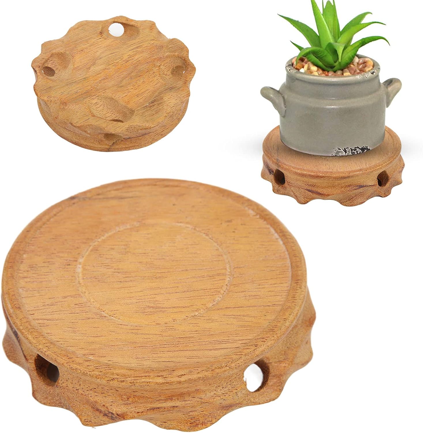 Elegant Vvikizy Wooden Retro Carved Teapot Stand, Compact Maras Wood Display Base for Bonsai, - Green Mulberry Finish image 4