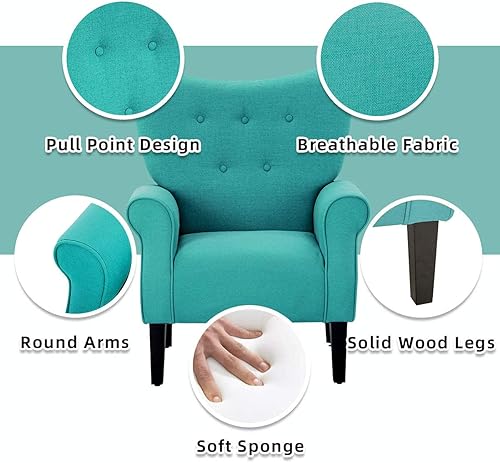 Miniatura 58 de YOLENY Silla decorativa moderna, sillón de respaldo alto, sofá individual tapizado con botones de tela con patas de madera para sala de estar,