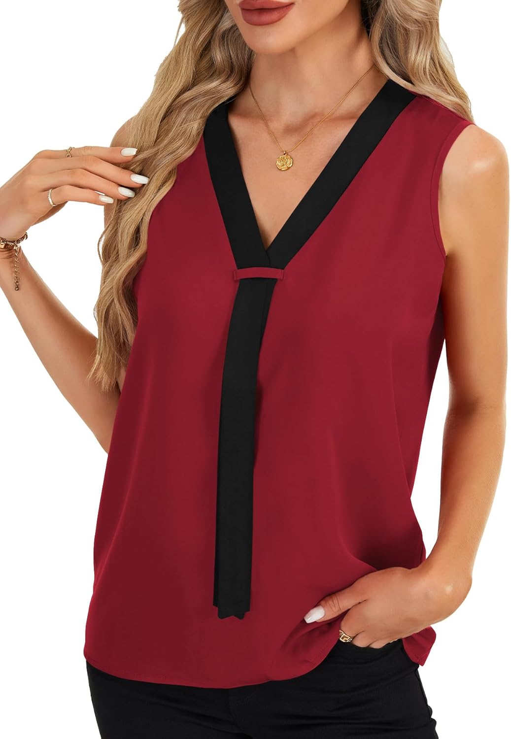 Rooscier Women's Colorblock V Neck Sleeveless Loose Fit Office Blouse Tank Top Shirt - Image 4
