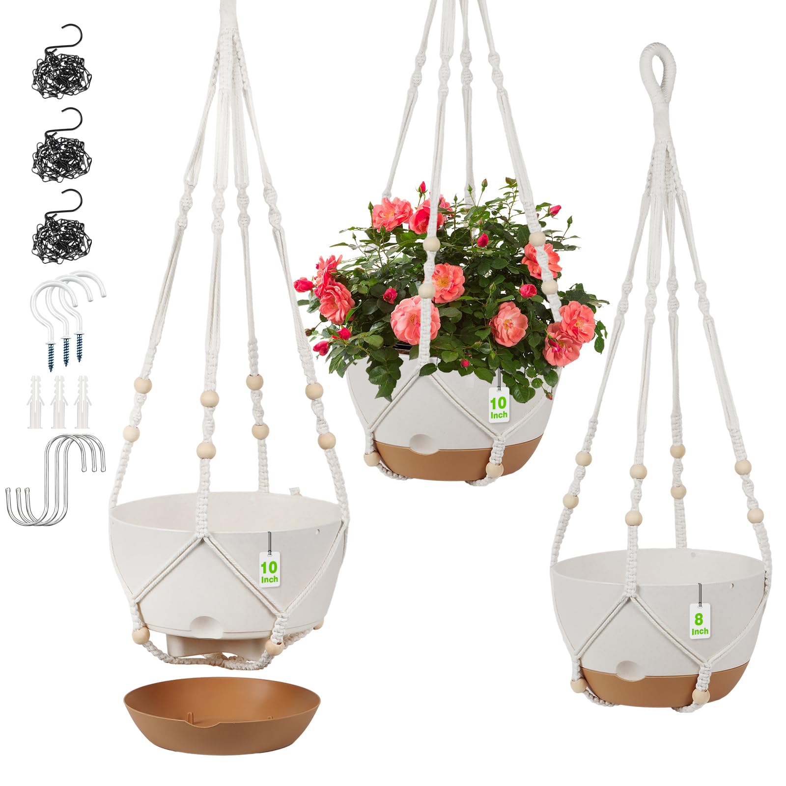 3 Pack Hanging Planters for Indoor Plants, 10 + 10 + 8 Inch Self-Watering Hanging Plant Pot, Macrame Plant Hanger with Pot, Ceiling Hooks, Removable Saucer and Drainage Holes for Garden Home - White