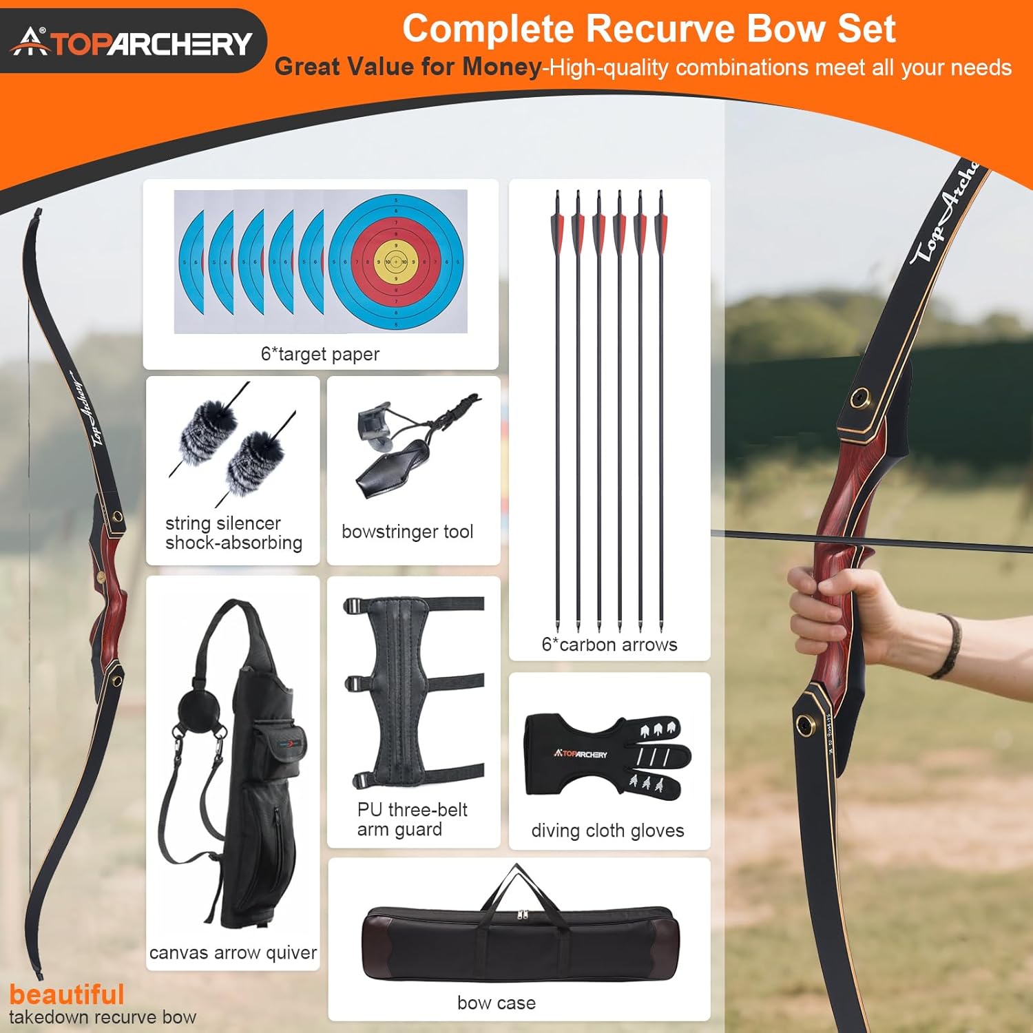 TOPARCHERY 60" Recurve Bow Set, Improved Takedown Recurve Bow and Arrow Set for Adults and Beginners Enthusiasts - Practice Bow Kit Left/Right Hand