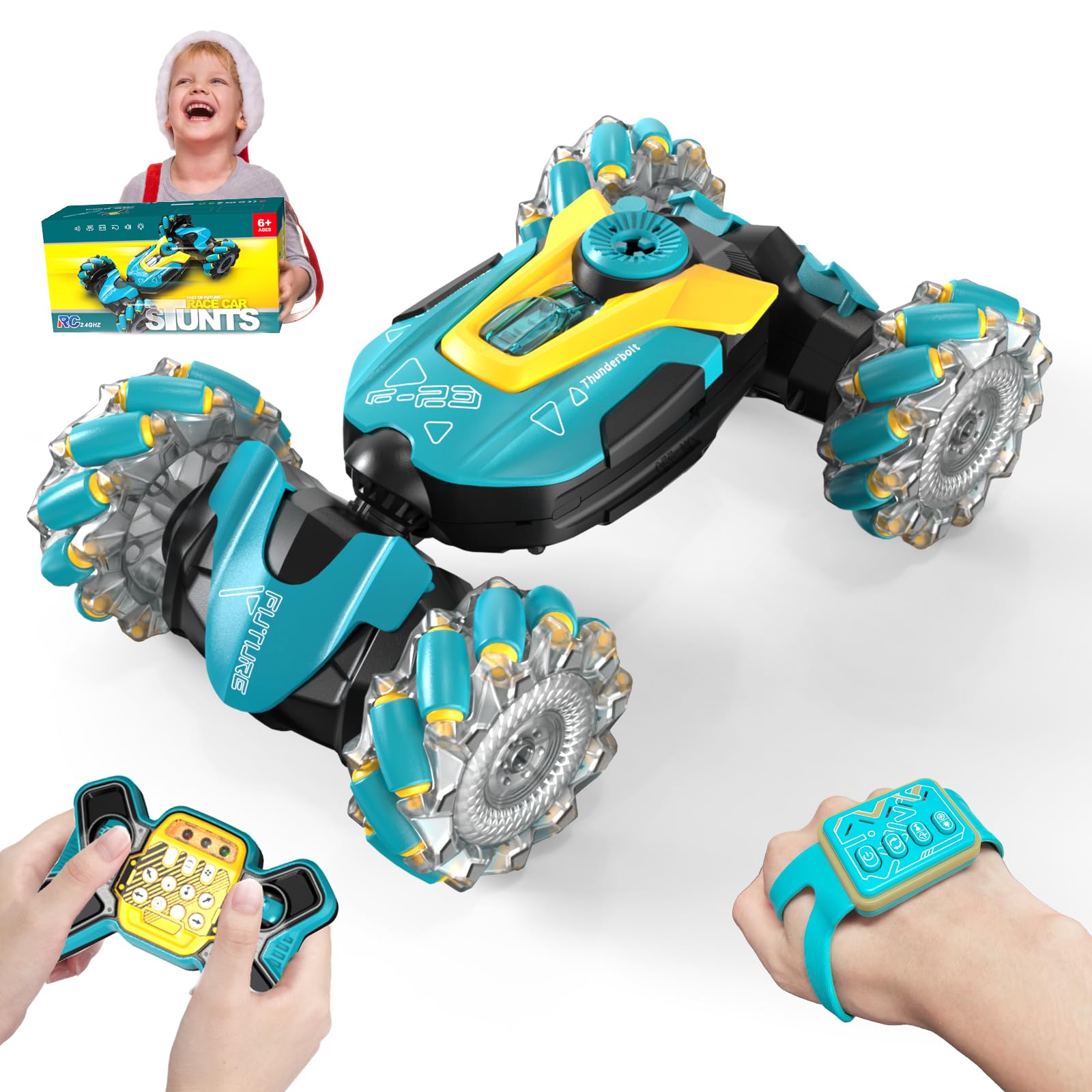 Auto telecomandata, 2,4 GHz, girevole a 360°, 4 WD, controllata a mano, auto RC con telecomando, giocattolo per auto per bambini, musica a LED dai 4 ai 10 anni, regalo di compleanno per ragazze e