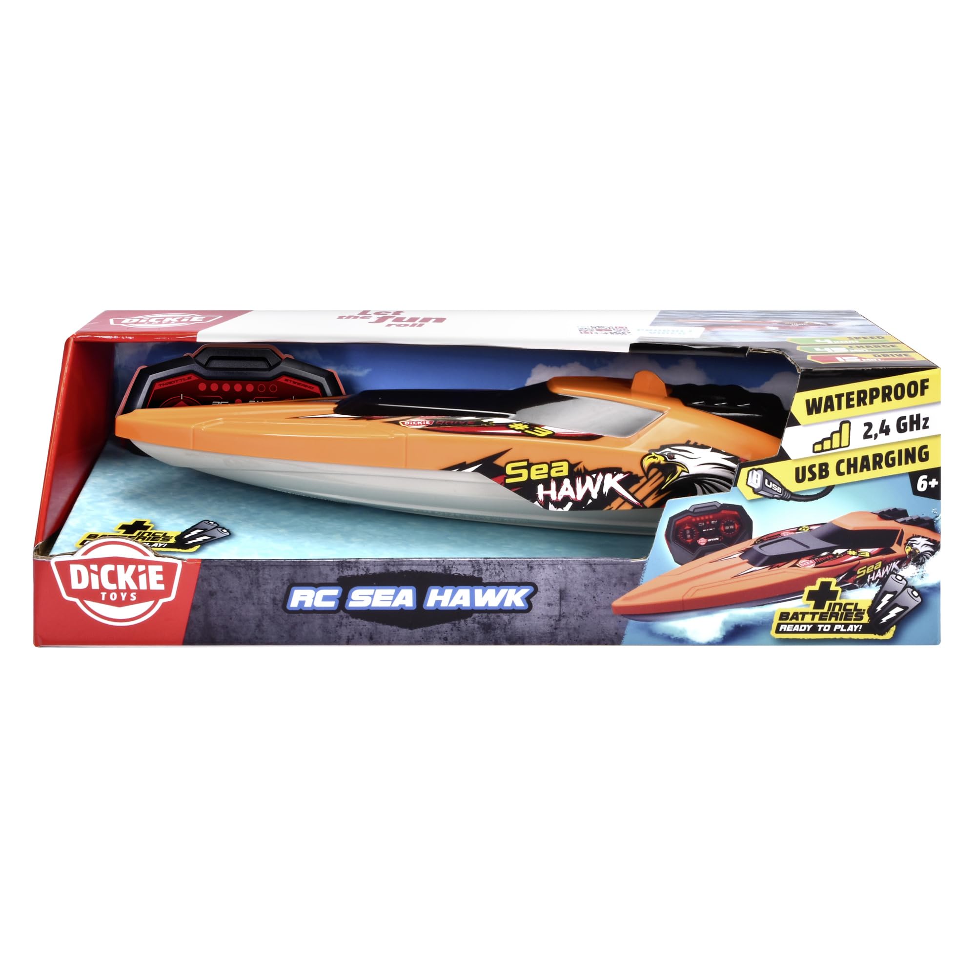 Dickie Toys - RC Boot Sea Hawk – zdalnie sterowana łódź do basenu lub jeziora z funkcją ochronną i Turbo-Boost, zabawka motorówka dla dzieci z pilotem zdalnego sterowania 2,4 GHz, 33 cm, maks. 4 km/h