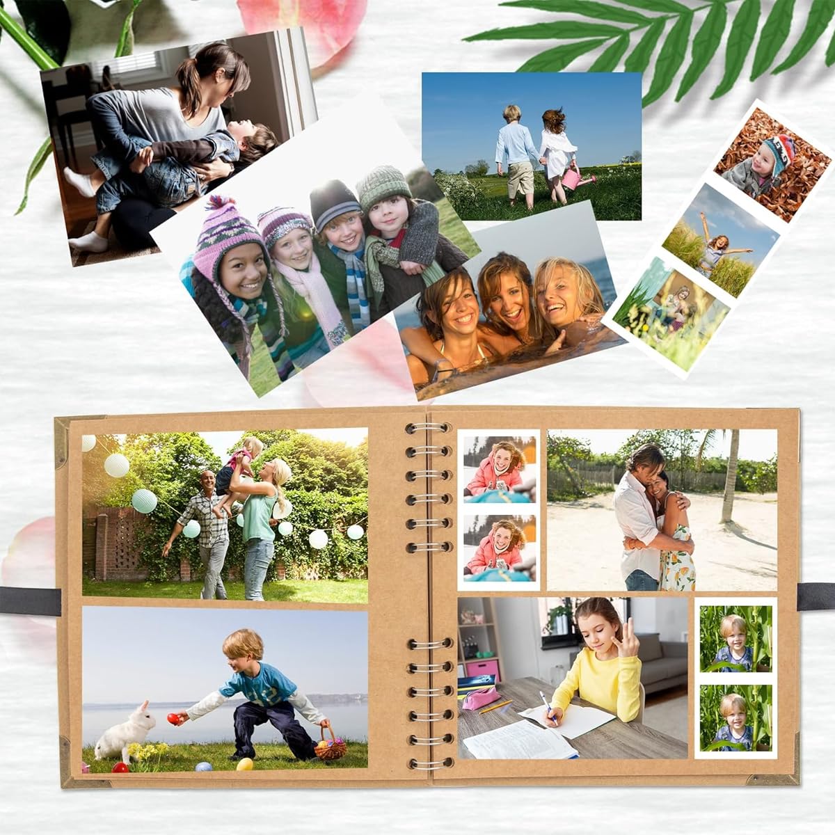 HASTHIP DIY Scrapbook Album,8"x8" Thick Craft Paper Binder,60 Blank Pages with Ribbon Tie Closure,Photo Album for Baby Milestones,Art Scrapbook,Wedding,Birthday Memories,Gift Keepsake,Free Size,Brown 3