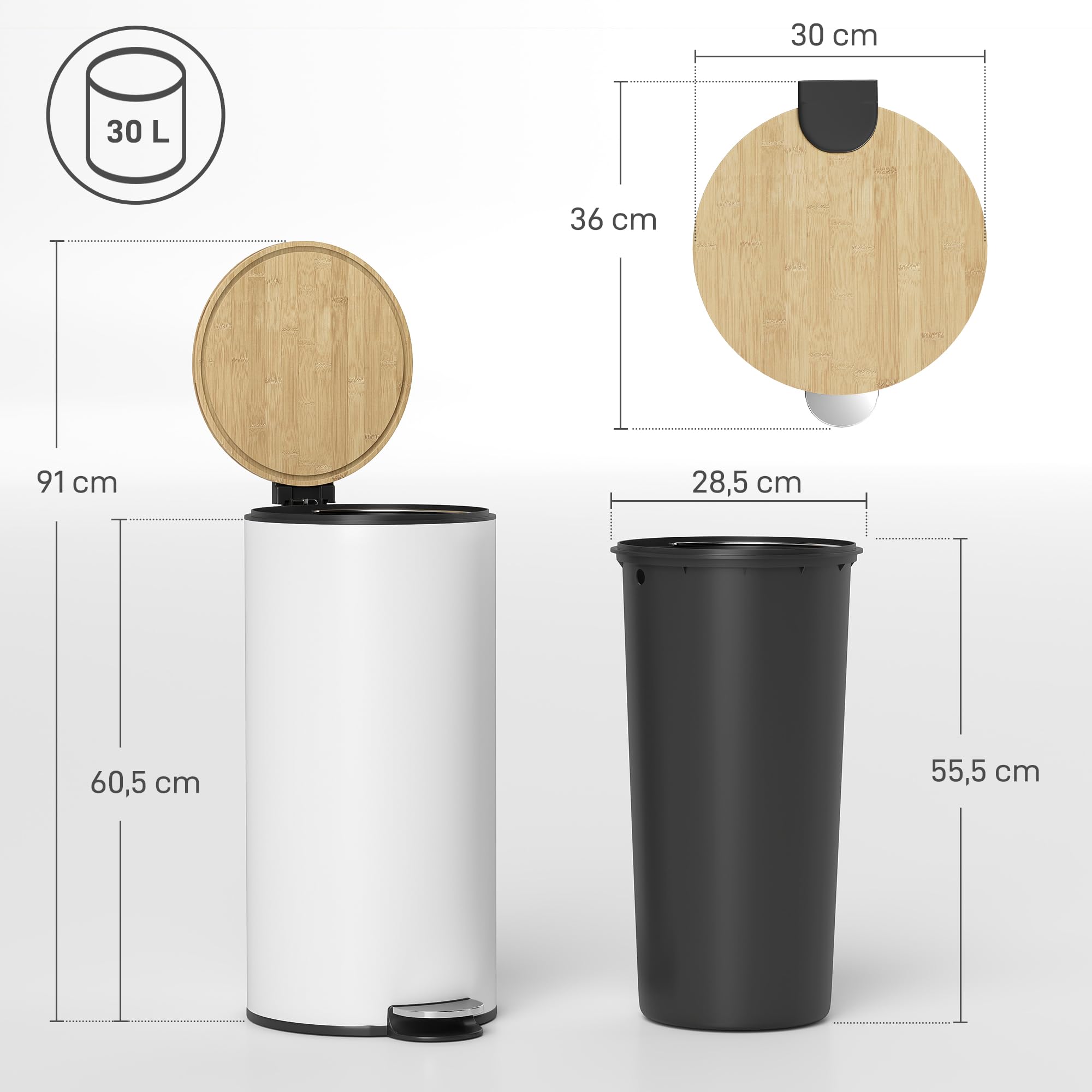 HOMCOM Cubo de Basura Cocina con Pedal, 30L, Papelera de Cocina Metálico con Tapa de Cierre Suave y Cubo Extraíble, para Dormitorio, Oficina, Estudio y Salón, 36x30x60,5 cm, Blanco y Madera Natural