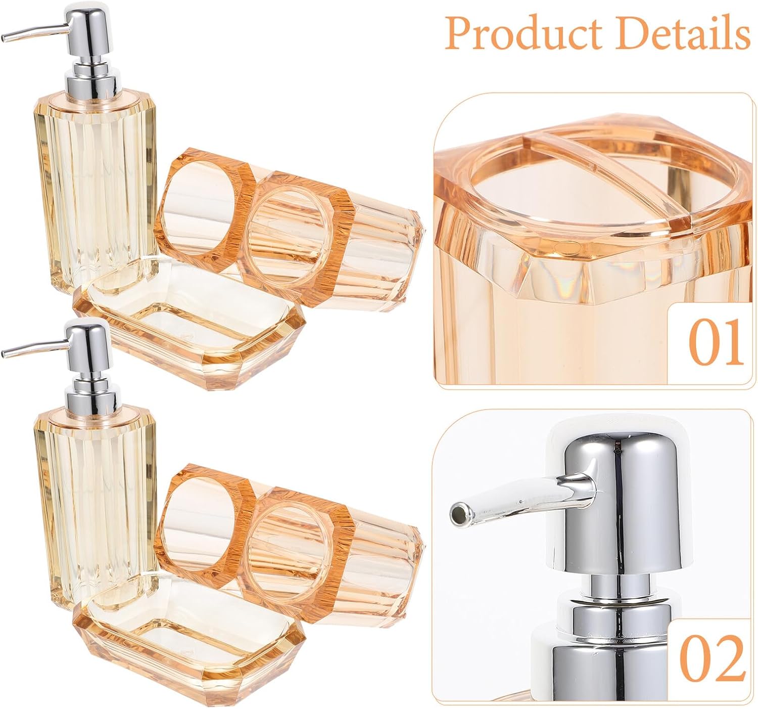 SAFIGLE Transparent Acrylic Bathroom Accessories Set with Lotion Soap Dispenser Pump Toothbrush Holder Soap Dish Gold Countertop Organizer for Residential and Hospitality Vanity