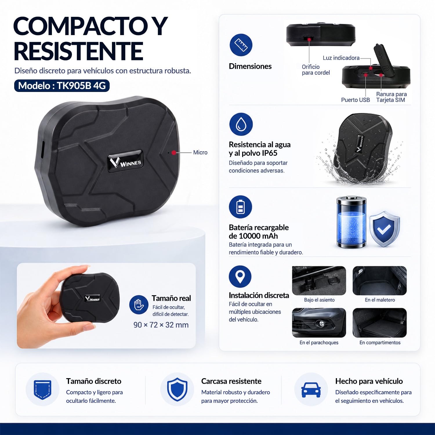 4G Localizador GPS para Coche, Moto y Camión sin Suscripción, Batería 10000 mAh hasta 100 Días en Espera, Seguimiento en Tiempo Real, Rastreador GPS con Imán, Alerta Antirrobo, Geovalla y App - TK905B