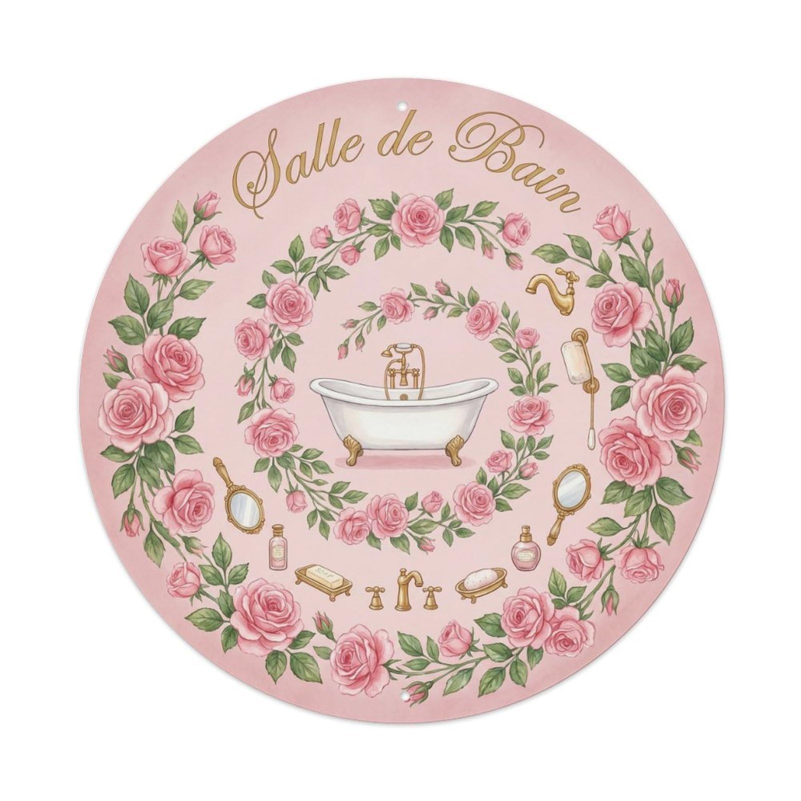 Yrnq Vintage Style Salle Rose Elegant Round Bathroom Vintage Metal Tin Sign Plaque Wall Decor For Cafe, Club, Garden Round Metal Poster 8X8inch