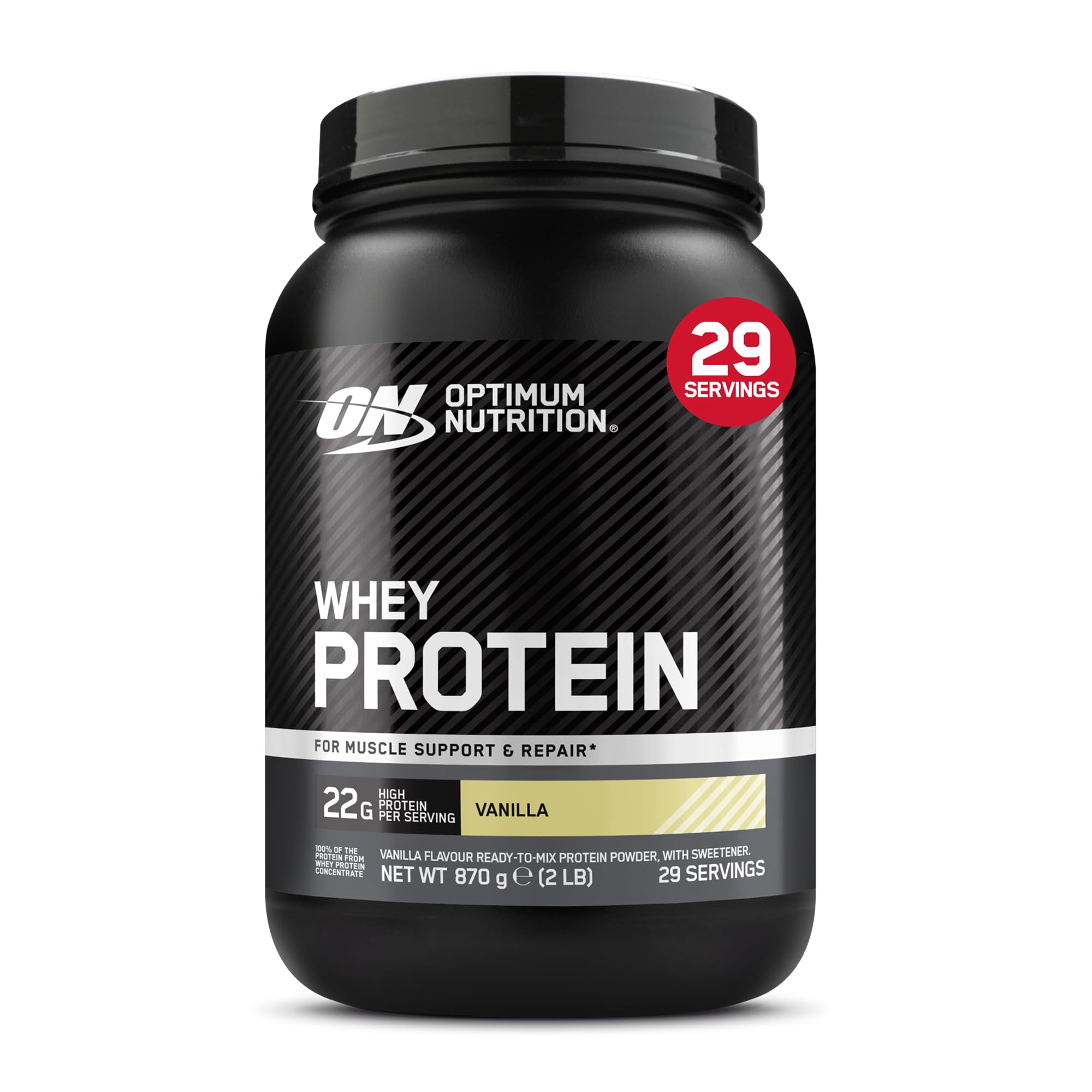 Optimum Nutrition Whey Protein Powder Vanilla Flavour, 22g Protein Per Serving - Easy‑to‑Mix Whey Concentrate for Muscle Growth and Maintenance, 899 g (29 Servings)