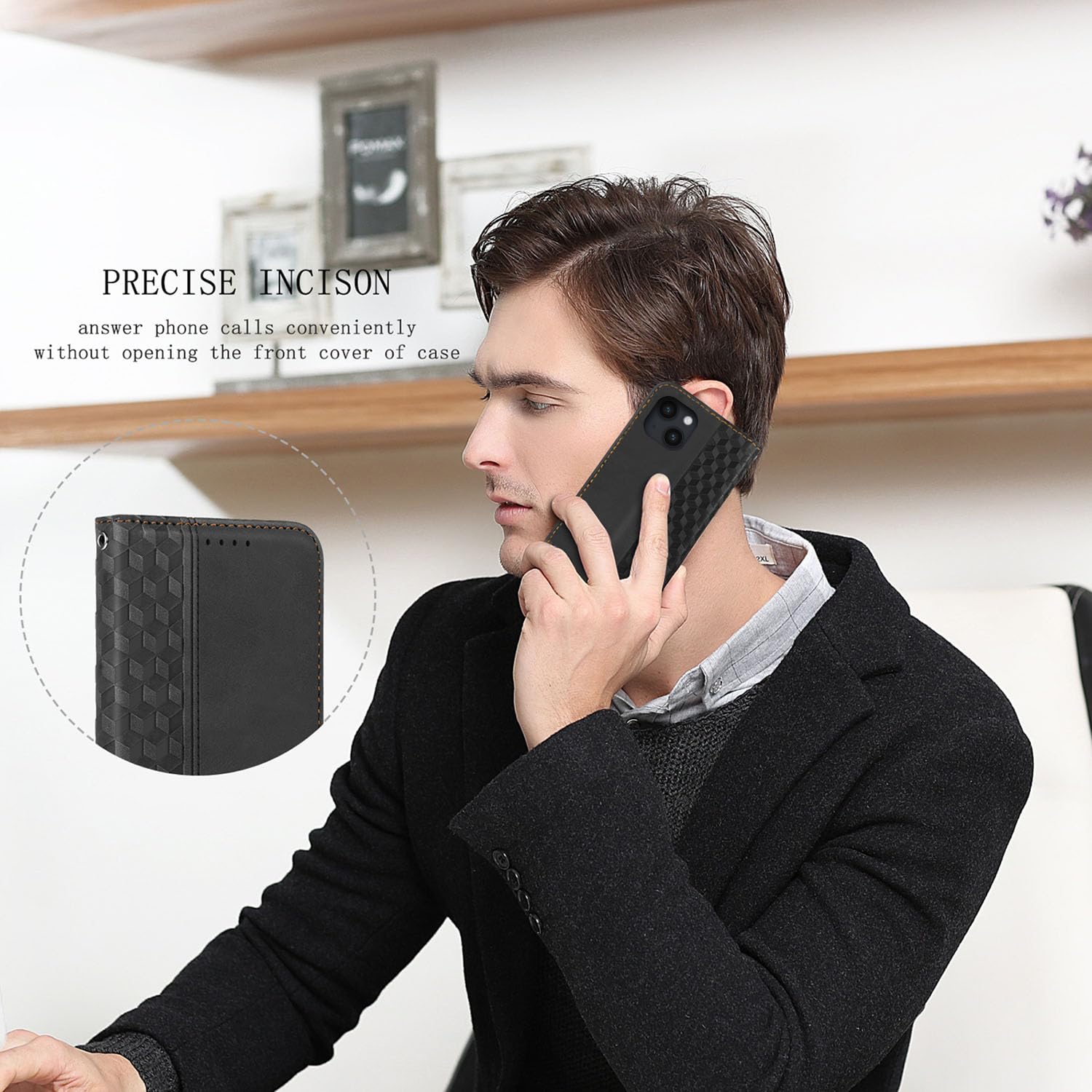 IPhone 15 Lederhülle – Flip Case Mit Kartenfach, Standfunktion & 360°-Schutz, Schwarz
