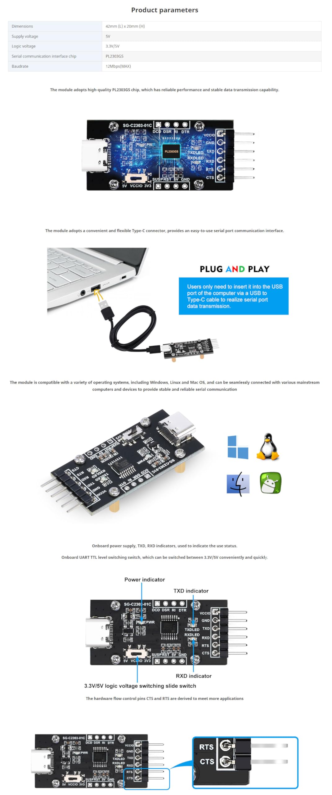 PL2303 USB to TTL UART Serial Port Module for Raspberry Pi 5 Type-C 3.3V/5V
