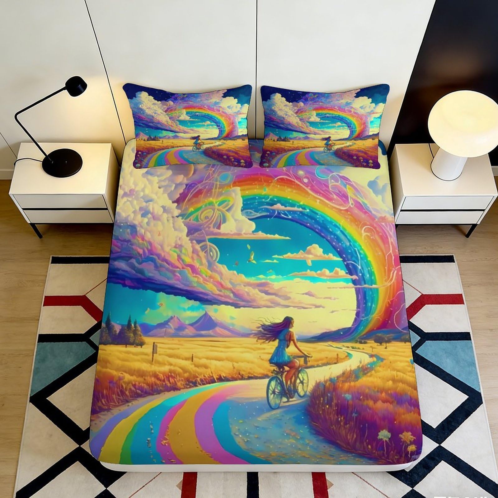 3D Printed Rainbow Landscape Fitted Sheet Microfiber Colourful Dream Road Bed Cover for Bedroom Dorm Mattress Protection Decor 90x200x25cm