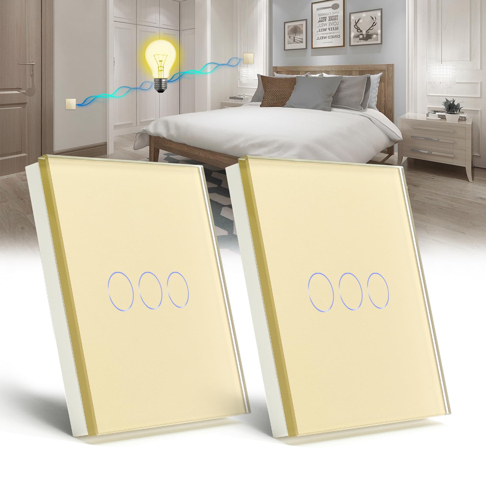 BSEED 2 Pack Touch Light Switch 3 Gang 2 Way, Tempered Glass Panel Light Switches with LED Indicator,Gold Touch Sensitive Light Switch-No Neutral Wire