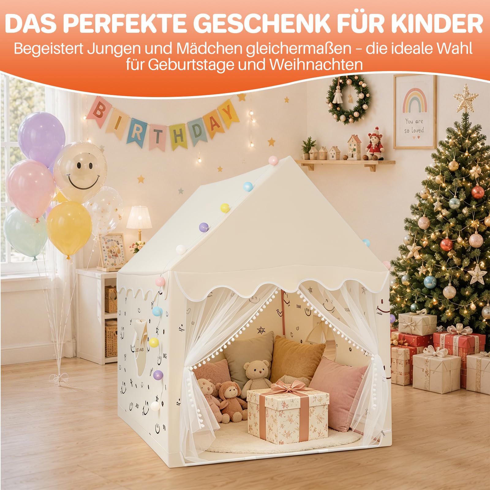 FUNYKICH Kinder Spielzelt, Kinderzelt Robust Innen & Außen 120x100x130cm | Metallstangen, inkl. Lichter, tragbar, Waschbares, Belüftung, werkzeugloser Aufbau, multifunktionales Spielhaus, für 2–3 Kids
