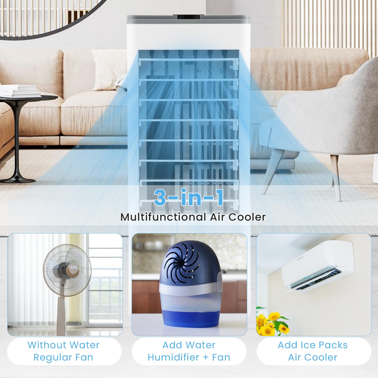 SOARS Ventilatore Condizionatore, 3 in 1 Ventilatore & Umidificatore & Raffrescatore, 3 Velocità, 2 Serbatoi d'Acqua, Timer 12H, Telecomando, per Salone, Camera da Letto, Ufficio (Grigio)