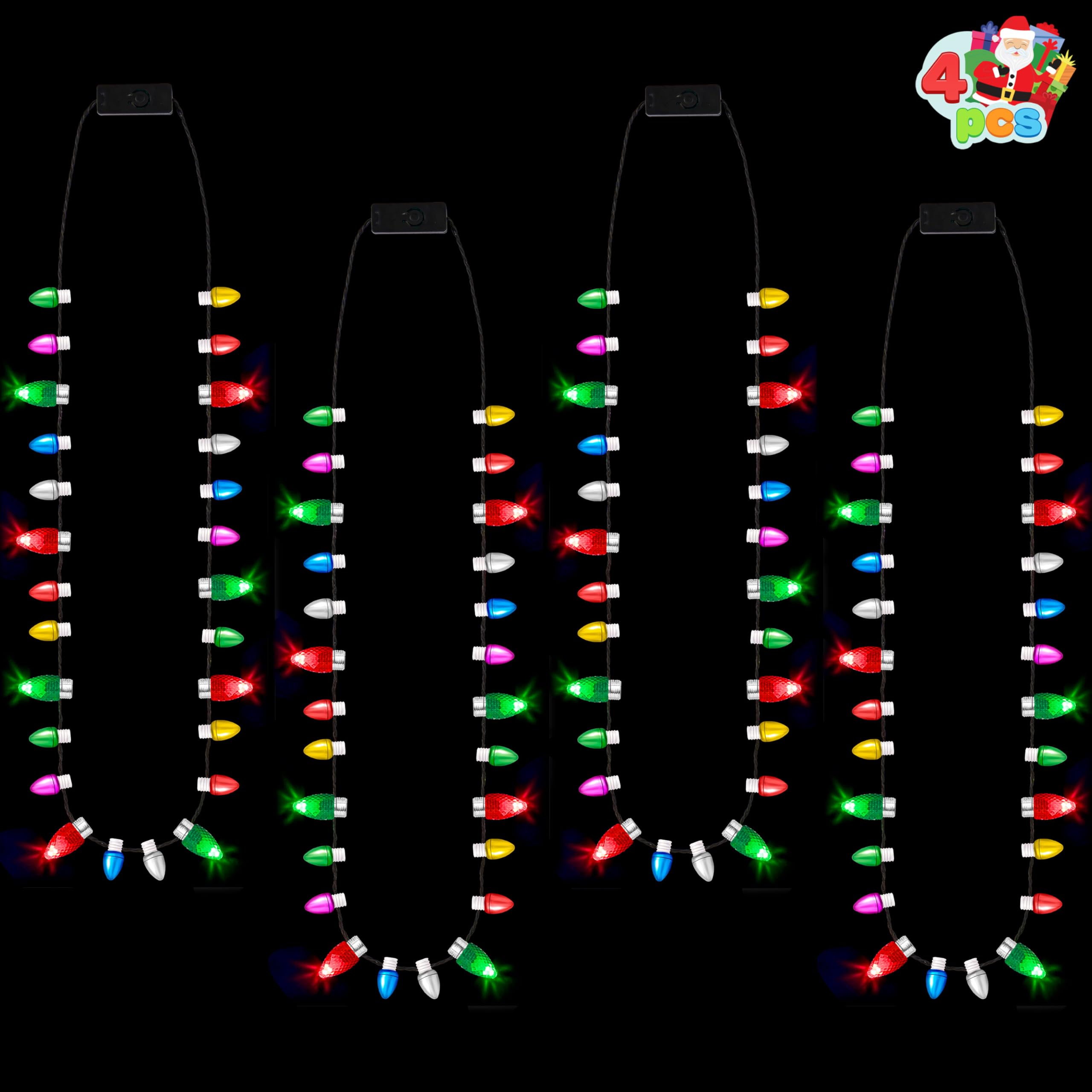 JOYIN Świąteczny mini naszyjnik z żarówkami LED, 4 sztuki, z 26 perłami i 8 świecącymi koralikami z 3 trybami oświetlenia, świecące naszyjniki na Boże Narodzenie (4 sztuki)