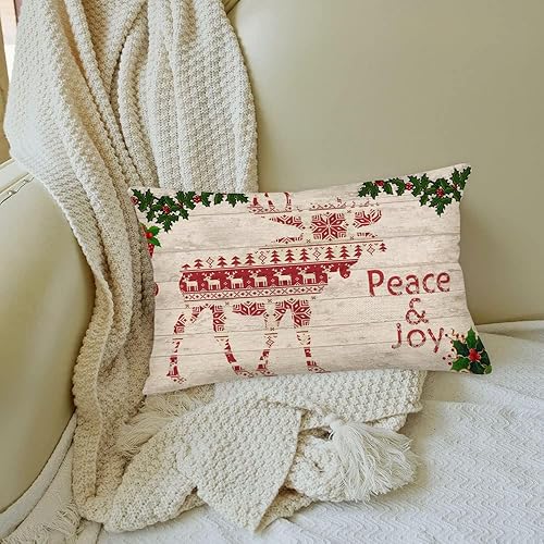Miniatura 4 de Funda de almohada de reno de 12 x 20 pulgadas, almohadas lumbares de Navidad, con cita de paz y alegría, rectangular, rojo y verde, fundas de