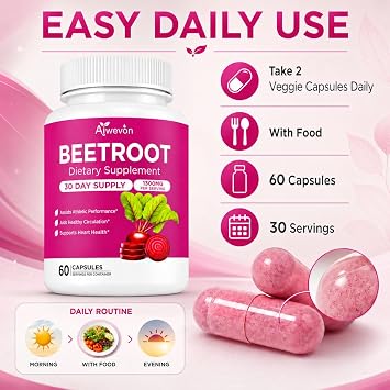 Organic Beet Root Capsules 1300mg per Serving Non-GMO Beetroot Supplement for Circulation, Heart Health & Energy Support Easy-to-Swallow Veggie Capsules, 60 Count, 30 Day Supply