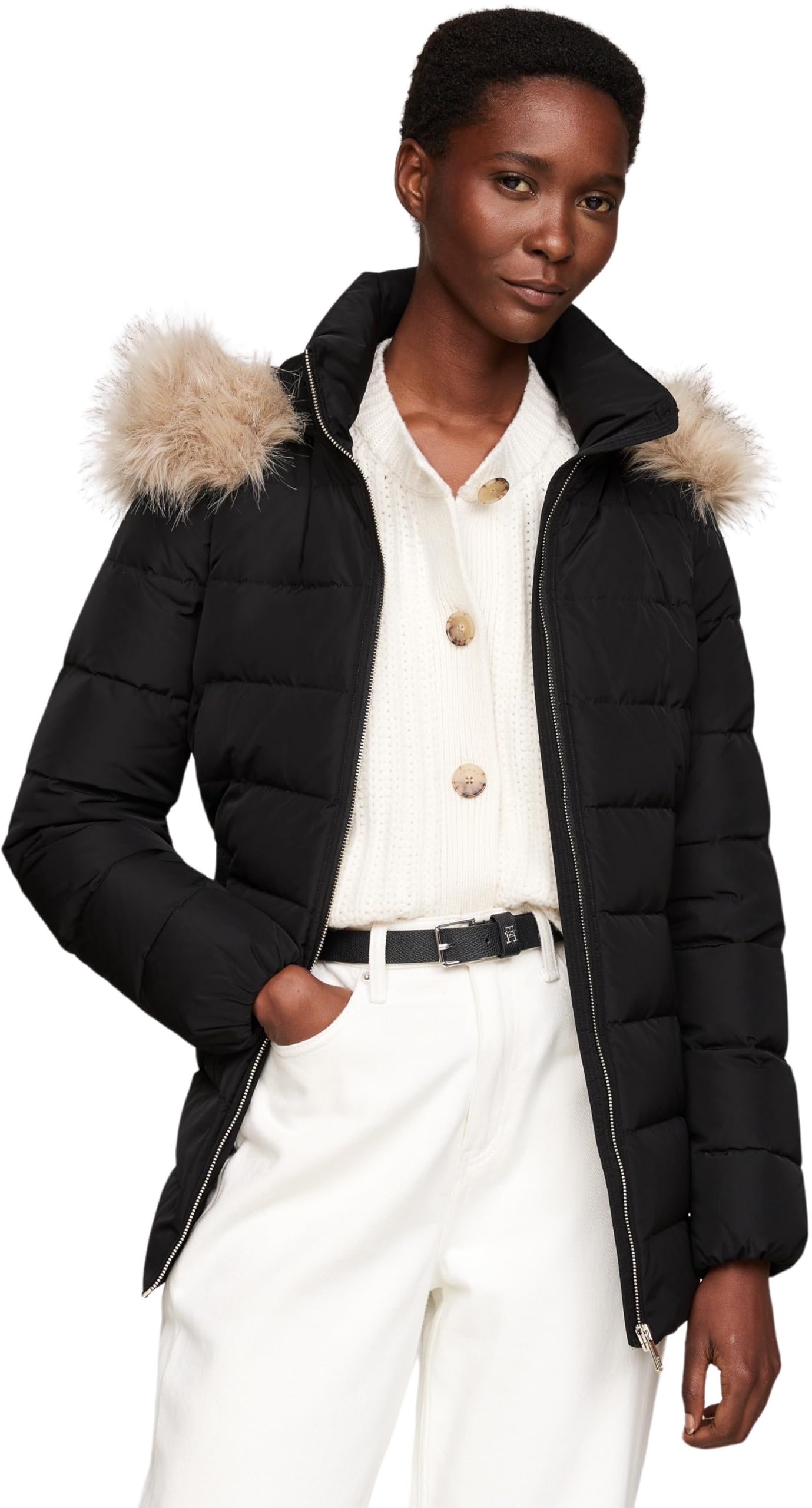 Tommy Hilfiger Women's Long Heritage Down Tyra Jacket with Fur, Black (Black), M