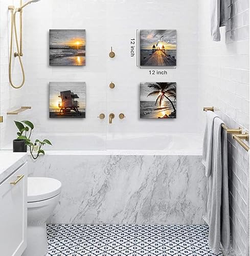 Miniatura 2 de Yxbhhym - Arte de pared de baño, decoración de pared de oro blanco y negro, impresión de arte de pared de playa, amanecer, puesta de sol, paisaje