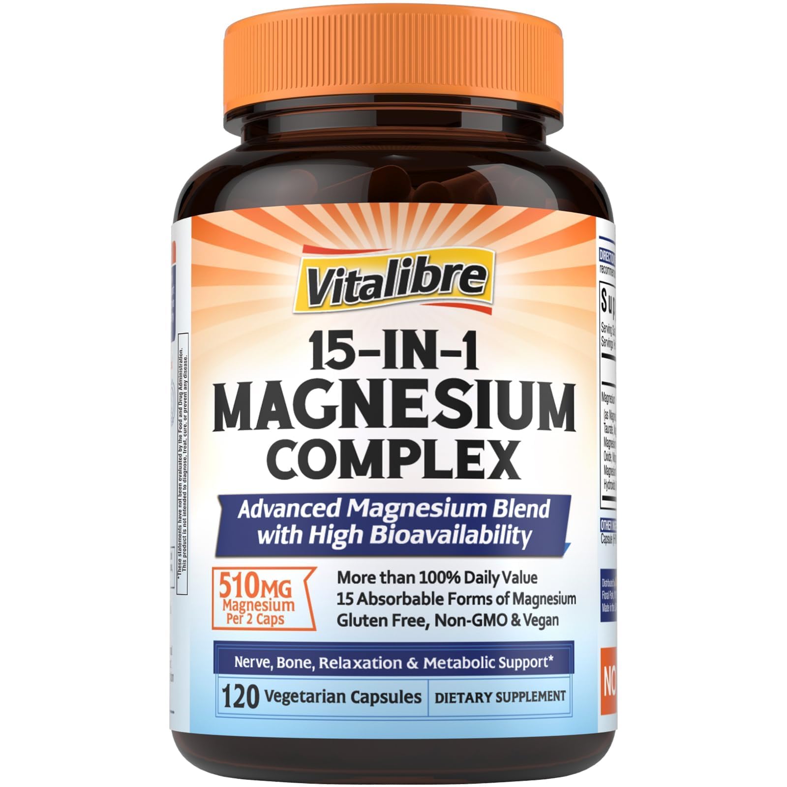 Vitalibre 15 in 1 Magnesium Complex 510mg for Women & Men, 120 Capsules 120 Count (Pack of 1)