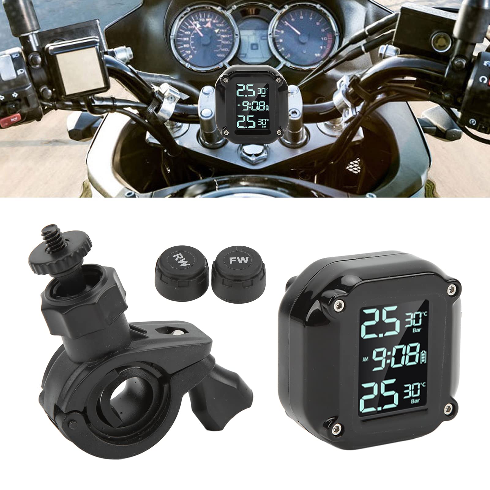 Sensore di pressione dei pneumatici, sistema di monitoraggio della pressione dei pneumatici del motociclo con 2 sensori Schermo LCD di ricarica USB IP67 TPMS impermeabile per una guida sicura