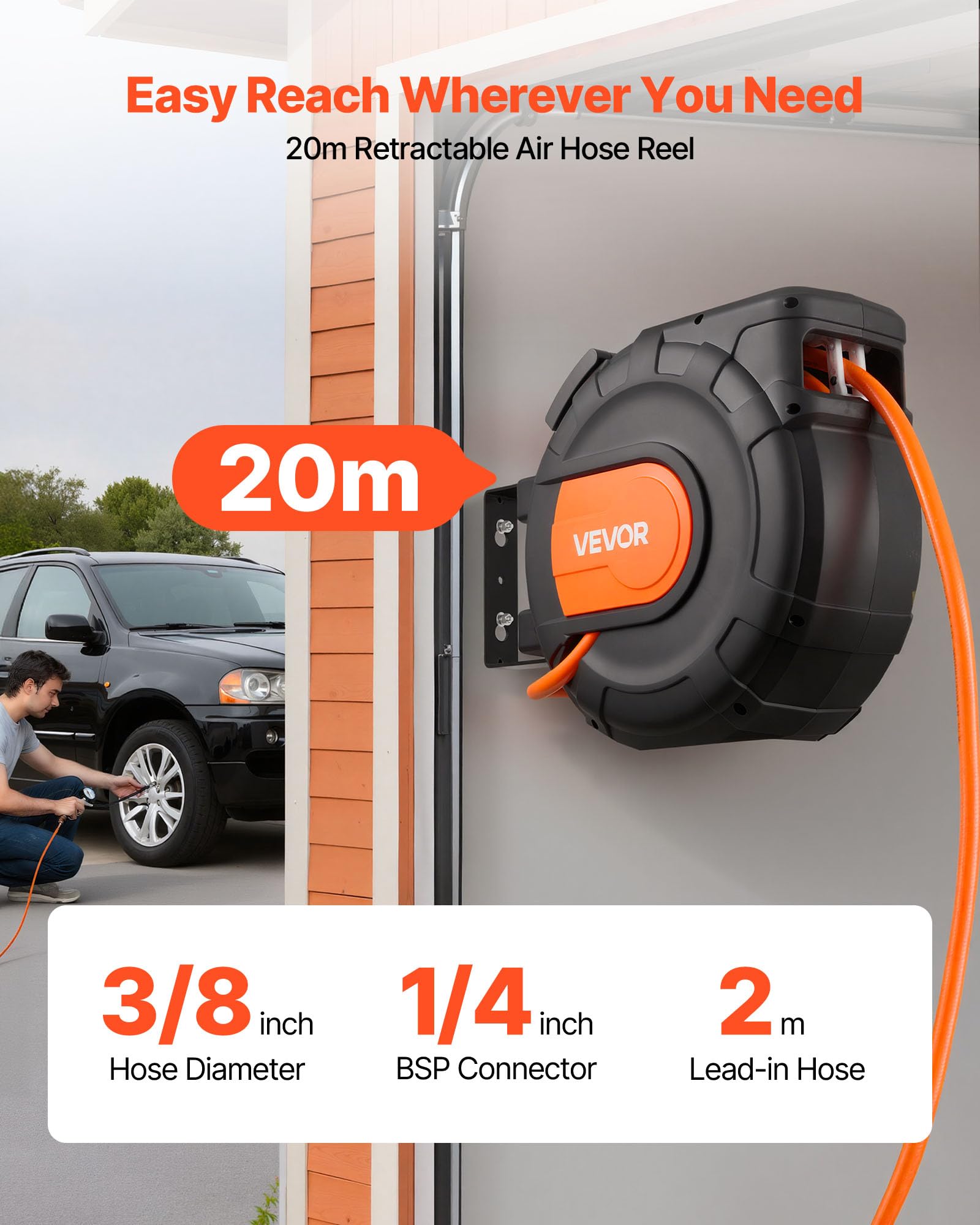 VEVOR Avvolgitubo per Aria Compressa Retrattile, Tubo Flessibile in PVC da 20 m x 9,5 mm, Massimo 300 PSI, con Riavvolgimento Automatico e Cavo da 2 m, Montaggio a Parete Girevole per Garage