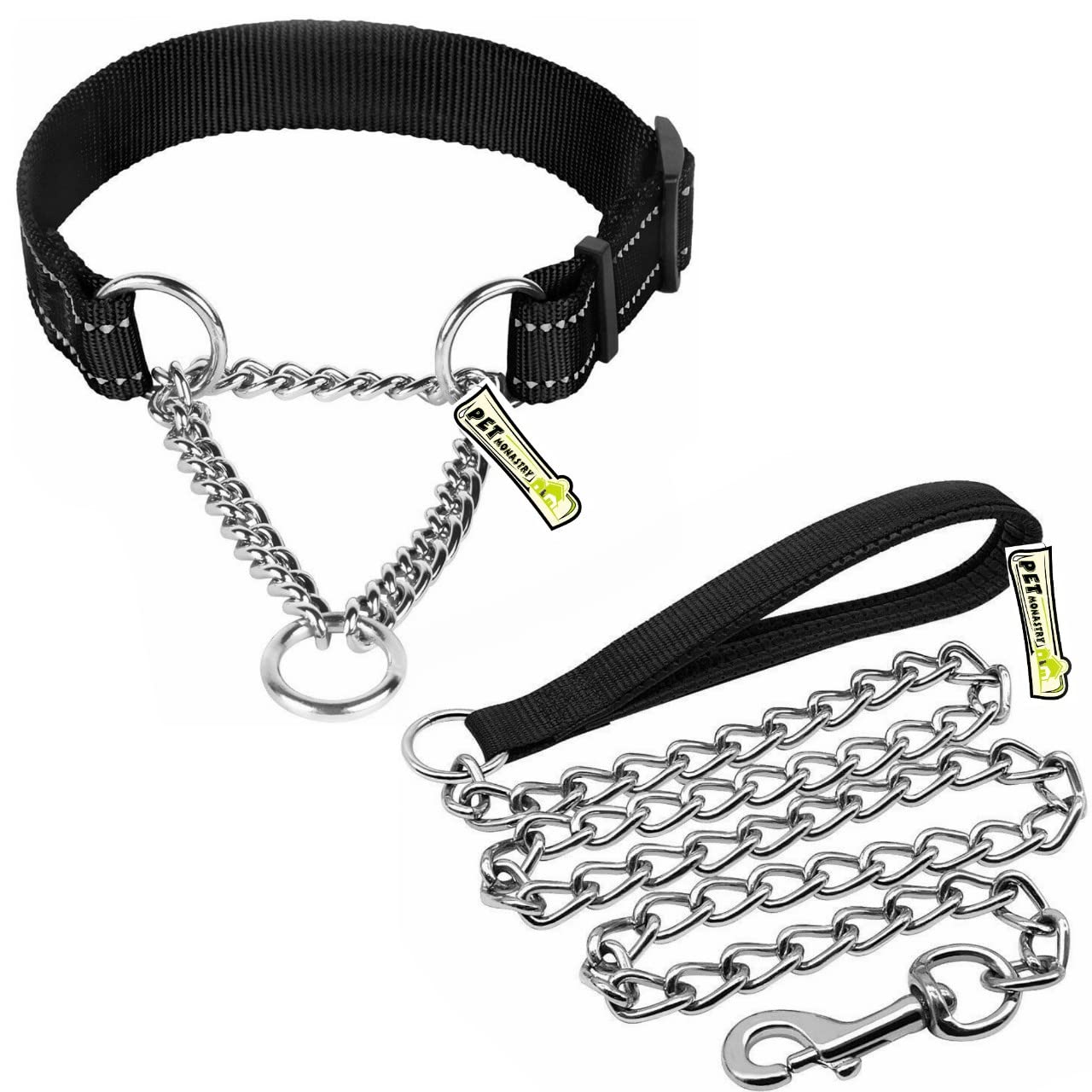 Pet Monastry® Black Color Reflective Choke Collar Martingale Collar & Handle Chain No. 8 for Medium Dogs - Adjustable 16-24" Inch Neck Size (Size - Medium, Thickness - 1" Inch) (B09XLQX85C) Amazon Price History, Amazon Price Tracker