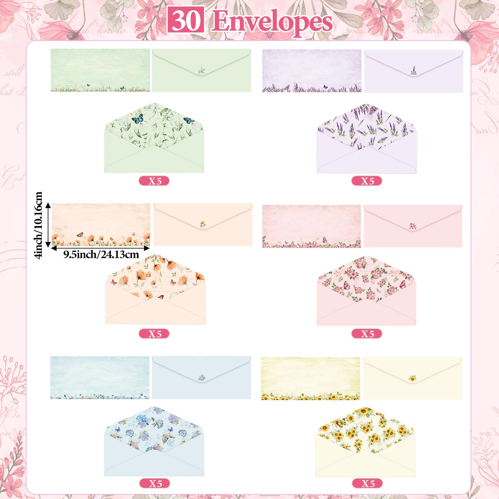 Funrous Juego de 90 piezas de papel estacionario y sobres, 60 hojas de papel de carta floral y 30 sobres, hoja de escritura rayada de 8.5 x 11 pulgadas para primavera, boda, vacaciones, fiestas