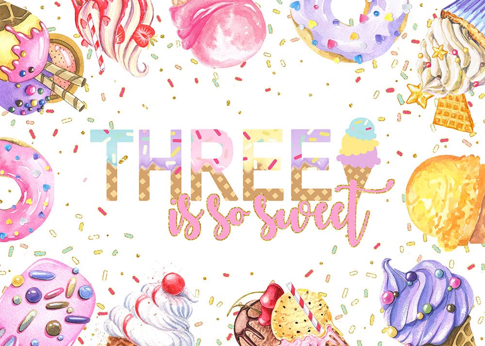 Mocsicka Ice Cream Donut Birthday Backdrop Three is so Sweet Ice Cream 3rd Birthday Party Banner for Kids Ice Cream 3rd Birthday Party Decoration for