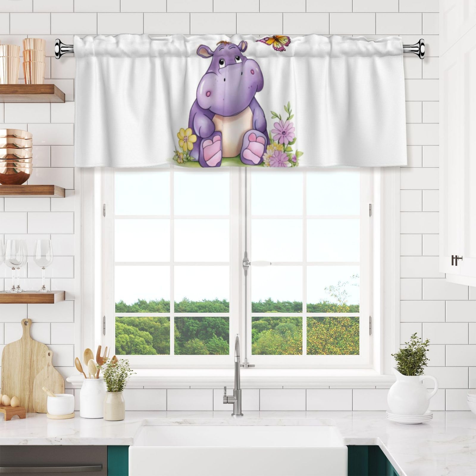 NONHAI Butterfly and Hippo Valances for Windows Short Curtains Rod Pocket Cafe Window Treatments Valance Curtains for Kitchen Bathroom Laundry Basement Windows 54x18inch Blackout Window Valance