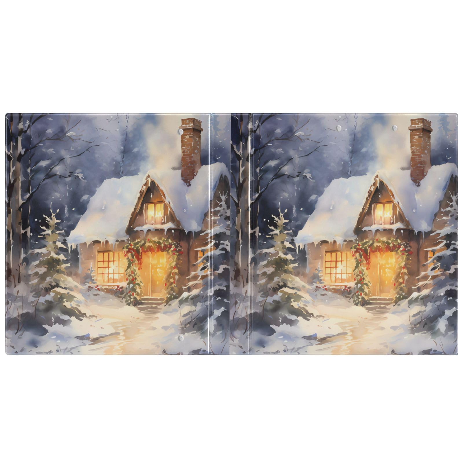 Raccoglitore a 3 anelli Winter Snow Cabin, 3,8 cm, rotondo, contiene 200 fogli con 3 tasche interne in PVC trasparente, per scuola e ufficio